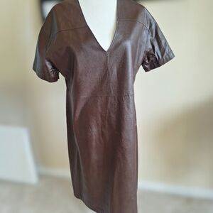 Prologue Brown Vegan Leather Dress.  V-neck, SizecM